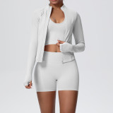 Cross-border seamless solid color high-elastic tight-fitting breathable short jacket yoga outfit sports running fitness three-piece set