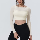 New cross-border solid color mesh double-layer breathable faux two-piece long-sleeve casual sports running fitness yoga top