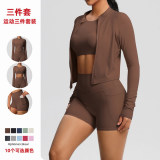New European and American style naked-feel brushed long-sleeve sports jacket, casual pocket shorts, running butt-lifting yoga outfit three-piece set