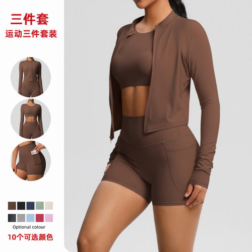 New European and American style naked-feel brushed long-sleeve sports jacket, casual pocket shorts, running butt-lifting yoga outfit three-piece set