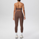 New cross-border solid color brushed fabric halter neck tank top and pocket pants yoga outfit set for women, suitable for sports, running, and fitness