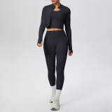 Cross-border solid color brushed tight-fitting high-elastic breathable long tank top three-piece sports running fitness yoga outfit set
