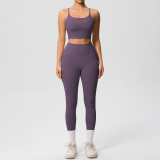 New cross-border double-sided brushed solid color backless tight-fitting breathable yoga outfit set for sports, running, and fitness two-piece set