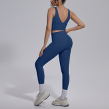 Cross-border solid color double-sided nylon V-back breathable tight-fitting yoga outfit set for women, suitable for sports, running, and fitness