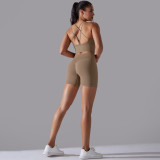 Cross-border European and American seamless knitted solid color high-elastic tight-fitting yoga outfit set, two-piece running and fitness wear for women