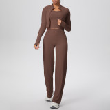 Cross-border solid color brushed tight-fitting high-elastic tank top, wide-leg long pants, three-piece sports running fitness yoga outfit set