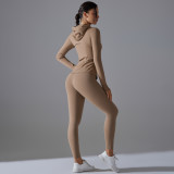 New style no-underwear required double-sided nylon yoga outfit set, solid color zippered hooded sports jacket, running and fitness set