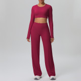 New cross-border solid color double-sided brushed nude-feel tight-fitting wide-leg sports yoga outfit set for running and fitness two-piece set
