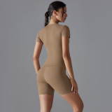 New Spring Double-Sided Nylon Quick-Dry Yoga Outfit Short-Sleeve Fitness Set Outdoor Running Sports Two-Piece Set for Women