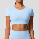 In-stock cross-border double-sided brushed fabric tight-fitting short-sleeve yoga top with chest pads for women, suitable for Pilates and running