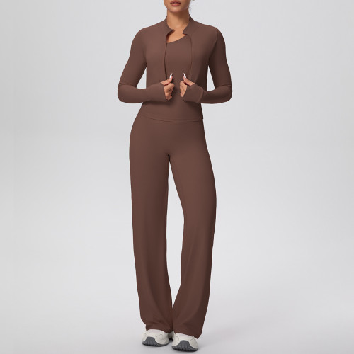 Cross-border solid color brushed tight-fitting one-shoulder tank top, wide-leg long pants, three-piece sports running fitness yoga outfit set