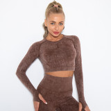 In stock!New European and American style sexy fitness wear for women, tight-fitting, quick-drying, washable sports running long-sleeve top, yoga wear