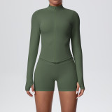 New cross-border seamless solid color tight-fitting high-elastic breathable zippered sports suit two-piece set for running, fitness, and yoga