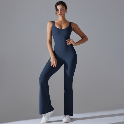 New cross-border solid color back-enhancing, hip-lifting, long slim-fit wide-leg jumpsuit for sports, running, fitness, and yoga