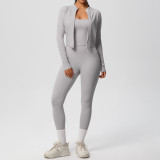 Cross-border European and American solid color brushed fabric breathable strap yoga outfit set, three-piece running and fitness sportswear for women