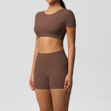 In-stock cross-border solid color double-sided brushed yoga outfit with chest support, running sports fitness short two-piece set for women