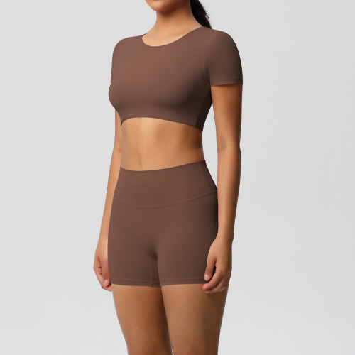 In-stock cross-border solid color double-sided brushed yoga outfit with chest support, running sports fitness short two-piece set for women