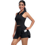 New cross-border solid color lapel vest breathable faux two-piece pleated short skirt set for sports, running, fitness, and yoga