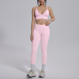 Cross-border seamless solid color high-waisted, beautiful-back, tight-fitting, breathable, high-elastic yoga outfit set for sports, running, and fitness, two-piece set