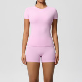 New cross-border European and American solid color double-sided brushed breathable tight-fitting yoga outfit set for sports, running, and fitness, eight-piece set