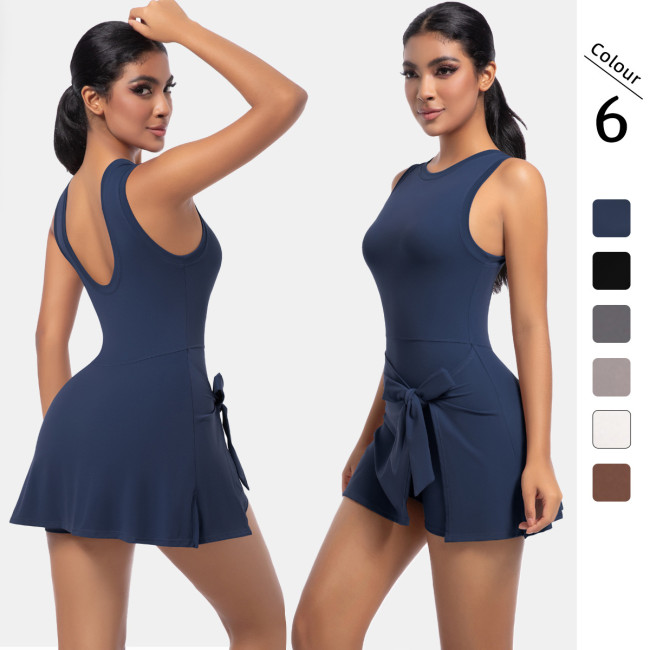 New anti-exposure tennis dress, one-piece yoga outfit, tank top, integrated fitness wear, breathable golf dress for women