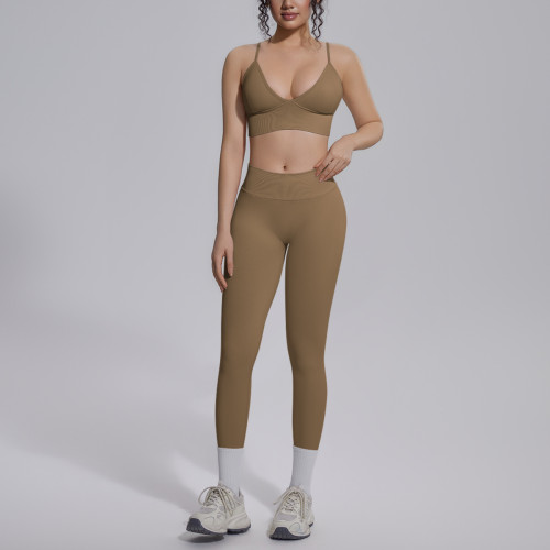 Cross-border seamless solid color high-waisted, beautiful-back, tight-fitting, breathable, high-elastic yoga outfit set for sports, running, and fitness, two-piece set