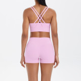 European and American cross-border seamless brushed fabric cross-back sports bra and casual butt-lifting shorts two-piece fitness yoga set