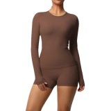 New cross-border European and American solid color double-sided nylon brushed long-sleeve yoga outfit set for sports, running, and fitness two-piece set