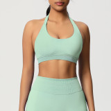 Cross-border solid color seamless backless high-elasticity tight-fitting halter neck sports bra for running, fitness, and yoga for women