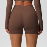 Cross-border European and American brushed solid color pocket high-waisted tight high-elastic yoga shorts for women, suitable for sports, running, and fitness