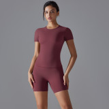 New Spring Double-Sided Nylon Quick-Dry Yoga Outfit Short-Sleeve Fitness Set Outdoor Running Sports Two-Piece Set for Women