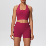 New cross-border solid color double-sided brushed tight-fitting halter neck shorts yoga outfit set for sports, running, and fitness two-piece set