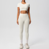 New cross-border European and American solid color double-sided brushed breathable tight-fitting yoga outfit set for sports, running, and fitness, eight-piece set