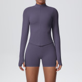 New cross-border seamless solid color tight-fitting high-elastic breathable zippered sports suit two-piece set for running, fitness, and yoga