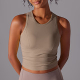 New double-sided nylon solid color tight-fitting tummy-covering round-neck sports vest for running, fitness, and yoga, long top for women