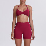 Cross-border seamless solid color halter neck bra and shorts yoga outfit set, tight-fitting running and fitness two-piece set