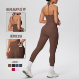 Cross-border solid color brushed fabric backless tight-fitting halter neck pocket yoga outfit set for sports, running, and fitness two-piece set