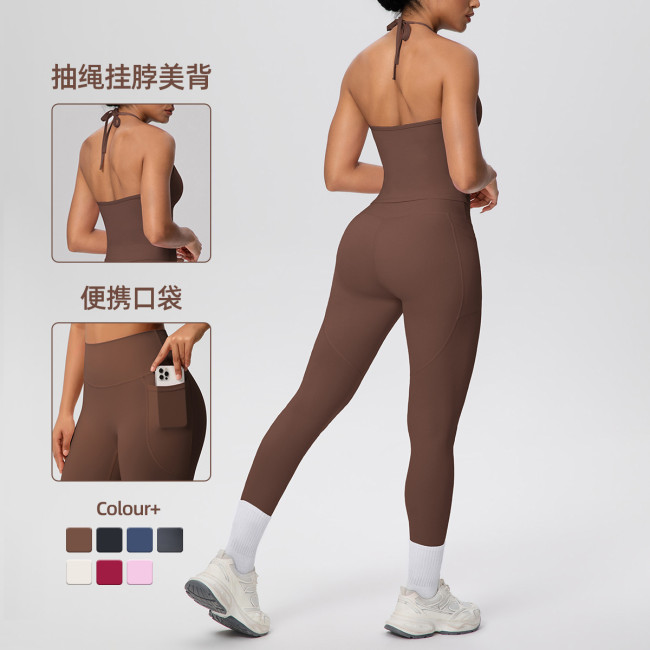 Cross-border solid color brushed fabric backless tight-fitting halter neck pocket yoga outfit set for sports, running, and fitness two-piece set