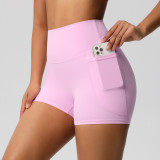 Cross-border European and American brushed solid color pocket high-waisted tight high-elastic yoga shorts for women, suitable for sports, running, and fitness