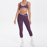 New cross-border color-blocking cross-fit brushed high-elastic yoga outfit set for running, fitness, and breathable training, five-piece set