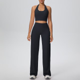 New cross-border solid color double-sided brushed fabric halter neck wide-leg pants yoga outfit set for women, suitable for sports, running, and fitness