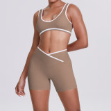 Cross-border double-sided brushed contrasting color tight-fitting breathable cross-waist yoga outfit set for women, suitable for sports, running, and fitness