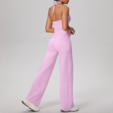 Cross-border solid color brushed fabric backless tight-fitting halter neck high-waisted yoga outfit set for sports, running, and fitness two-piece set