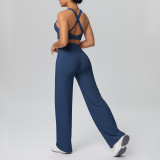 Cross-border European and American solid color double-sided brushed fabric cross-back sports bra yoga outfit set for running and fitness two-piece set