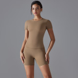 New Spring Double-Sided Nylon Quick-Dry Yoga Outfit Short-Sleeve Fitness Set Outdoor Running Sports Two-Piece Set for Women