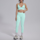 Cross-border seamless solid color high-waisted, beautiful-back, tight-fitting, breathable, high-elastic yoga outfit set for sports, running, and fitness, two-piece set