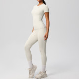 In-stock cross-border solid color double-sided brushed breathable high-elasticity tight-fitting yoga outfit set for sports, running, and fitness two-piece set