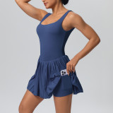 Cross-border European and American style seamless two-piece sports dress with anti-exposure pockets, suitable for outdoor running, fitness, and tennis