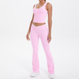 Cross-border double-sided brushed fabric color-blocked tight-fitting breathable cross-over wide-leg yoga outfit set for sports, running, and fitness two-piece set