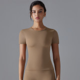 New solid color double-sided brushed high-elastic tight-fitting breathable yoga shirt with short sleeves for sports, running, and fitness